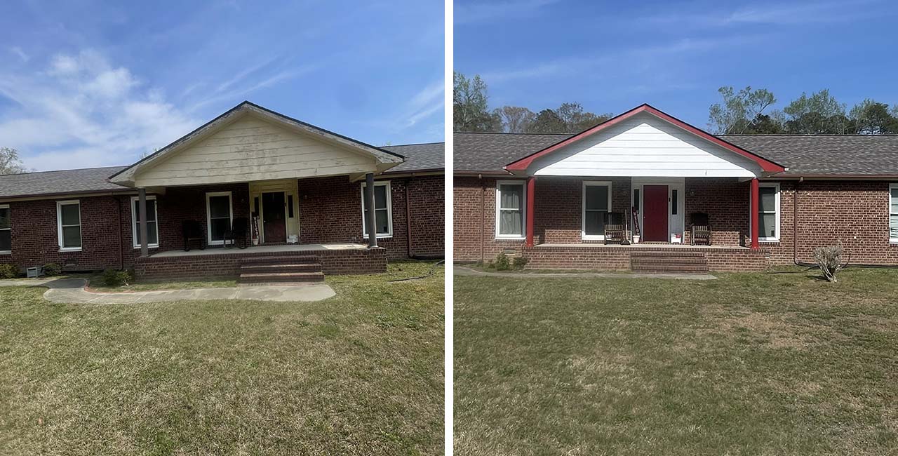 Weathered gable and front entry restoration in Eastover NC